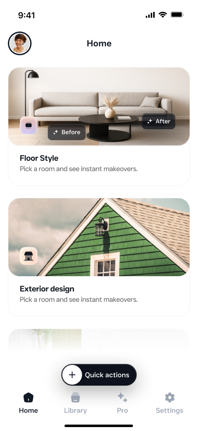 Archythink home screen with before and after design cards
