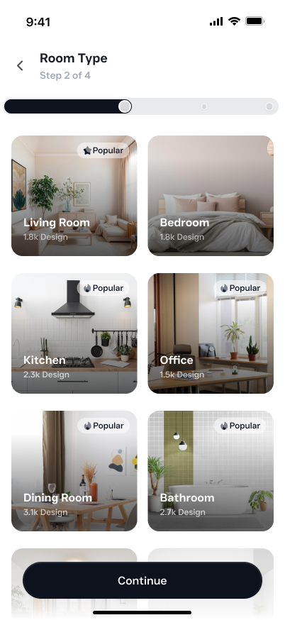 Archythink room type selection screen