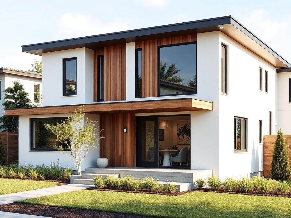 Modern two storey house exterior with white render and wood cladding