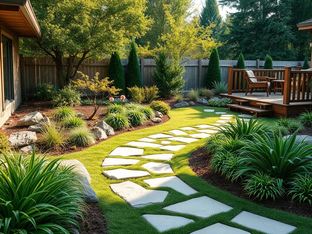 Landscaped back garden with stone path, lawn and wooden terrace