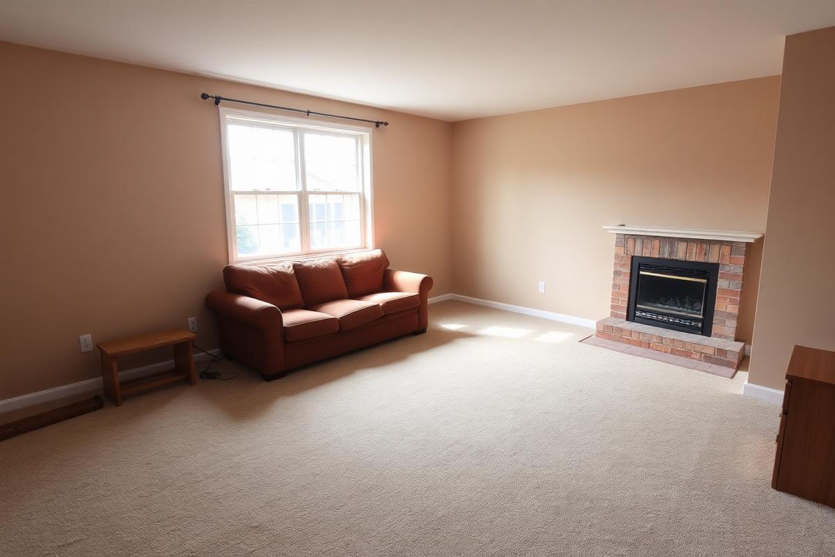 Dated living room with beige walls, brown sofa and worn carpet before redesign